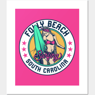 Retro Surfer Babe Badge Folly Beach South Carolina Posters and Art